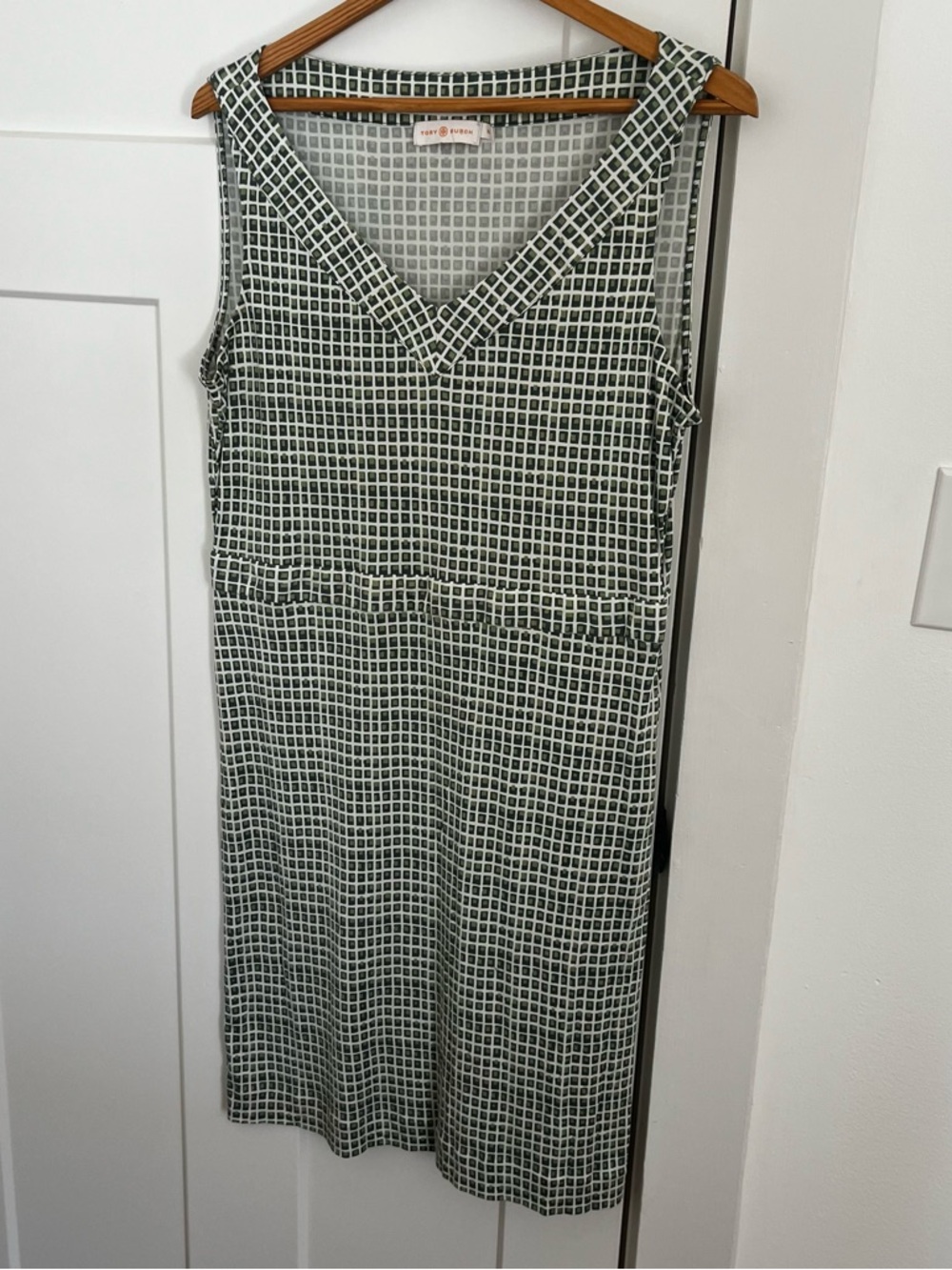 Tory Burch Green and White Grid-Print Midi Dress